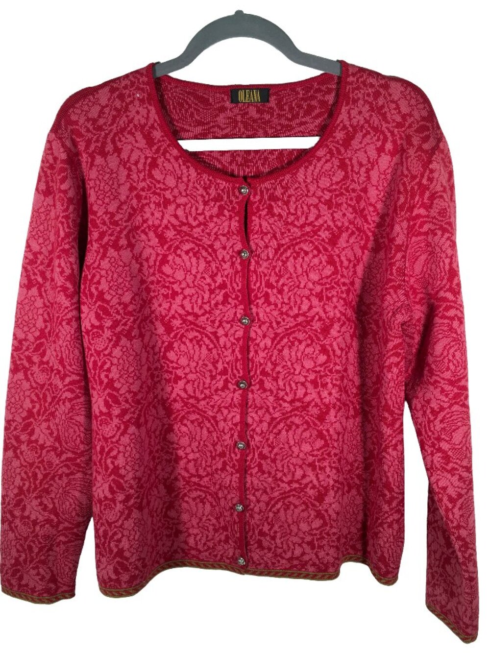 Oleana Espeland Raspberry Floral Wool Silk Cardigan Sweater Norway Sz L